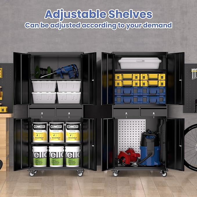 IDEALHOUSE Garage Storage Cabinet, 73 Inch Metal with Locking Doors and Adjustable Shelves, Heavy Duty Tool Cabinet with 2 Drawers