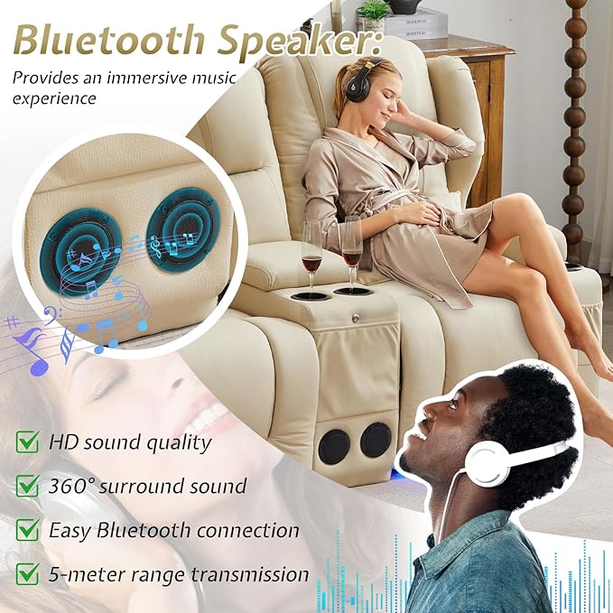 SAMERY Power Loveseat Recliner Sofa with Adjustable Split Back, USB Charging, Bluetooth Speakers & LED Lighting – Home Theater Seating with Storage, Cup Holders, Beige Fabric Loveseat Recliner