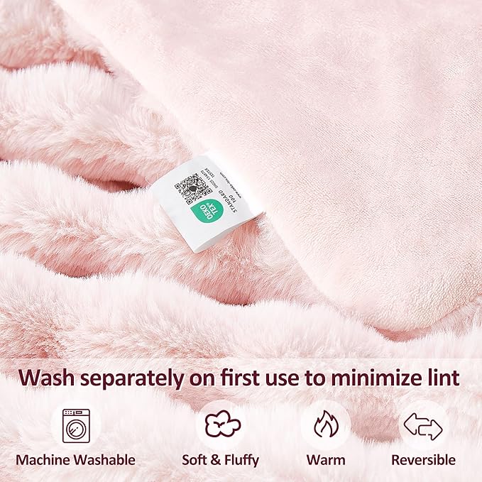 JONIYEAR Decorative Bubble Faux Rabbit Faux Fur Blanket Twin Size 60" x 70", Oversized Soft Double Sided Cozy Thick Warm Fuzzy Throw for Winter,Lovely Cute Washable Furry Blankets for Women Girl, Pink
