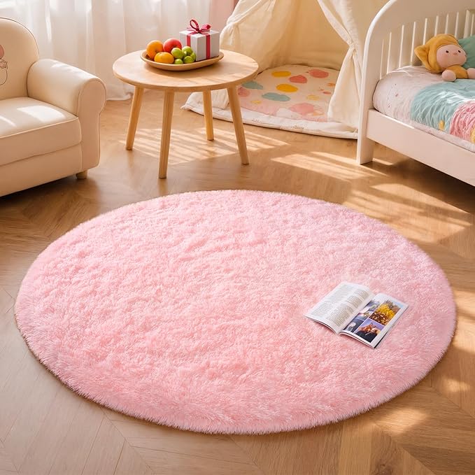 Pink Round Rug for Bedroom, 5Ft Fluffy Circle Area Rugs for Living Room, Shag Fuzzy Carpet for Kids Room, Nursery, Dorm, Classroom, Teen, Cute Baby Play Mat Home Decor Aesthetic