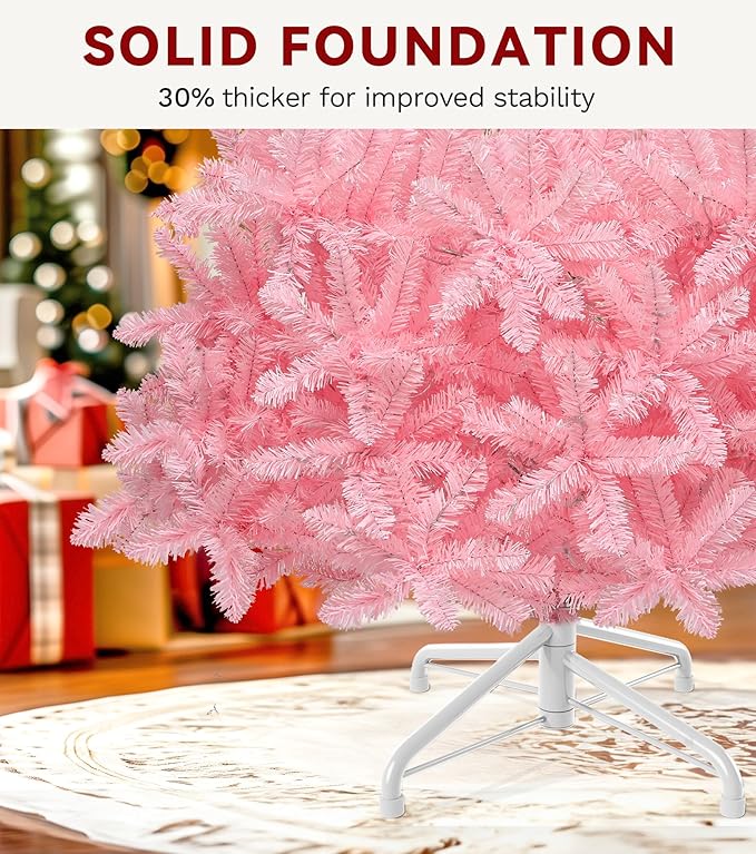 DWVO 6ft Pre-lit Christmas Tree with Lights, Pink Prelit Atificial Trees with 947 Tips & 250 UL Listed Lights, Automatic Branches & Easy Assembly for Home Party