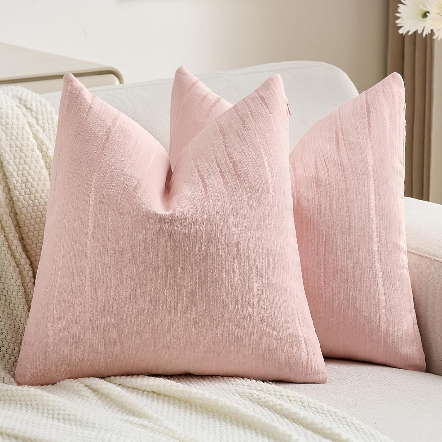 FUTEI Pink Chenille Decorative Throw Pillow Covers 18x18 Inch Set of 2,Soft Embossed Striped Textured Cushion Case,Modern Home Decor for Couch Bed Living Room