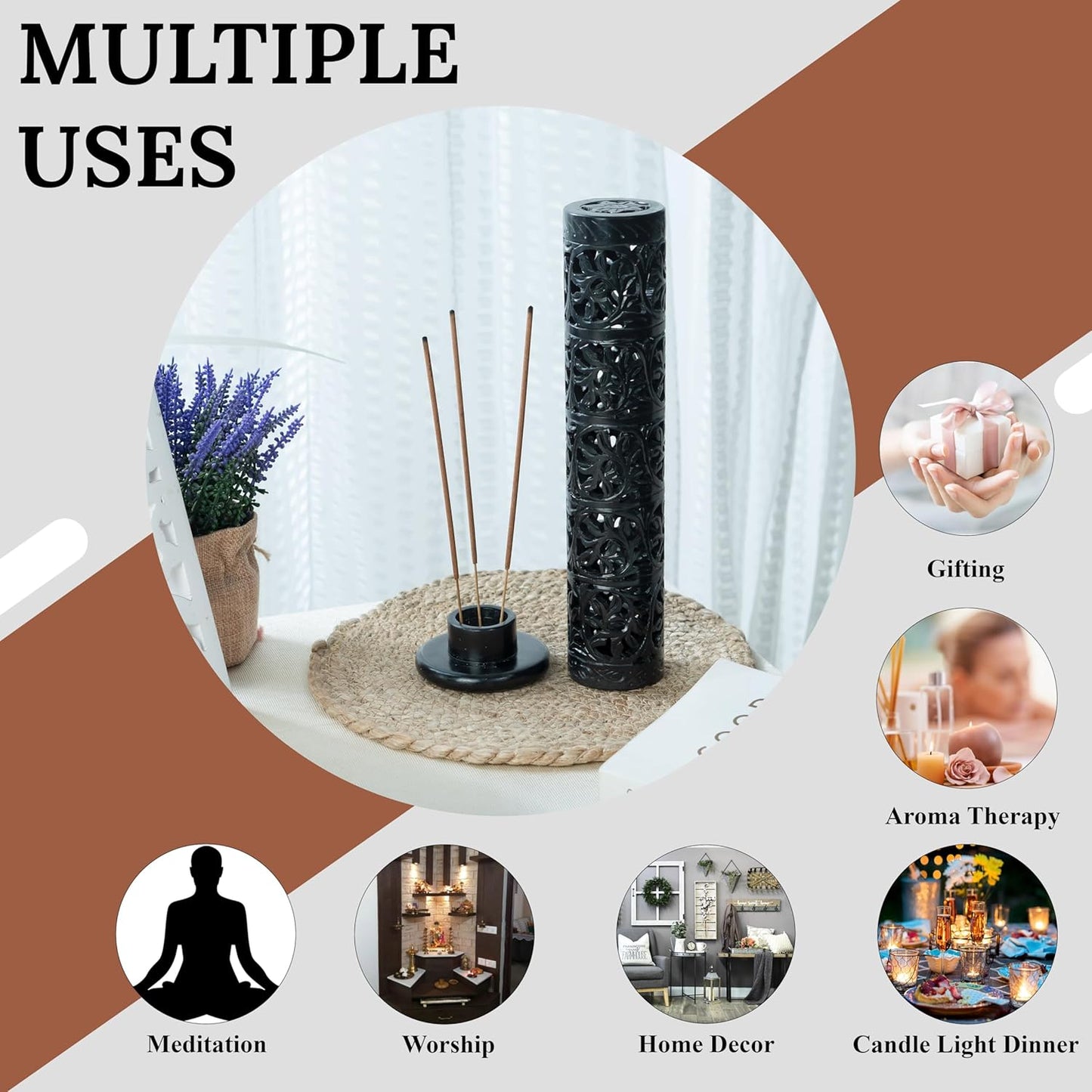 Crocon Handmade Black Marble Soapstone Incense Stick Burner Round Shape Elephant Tower Burner | Incense Cone & Candle Stick Holder | Decorative Home & Kitchen | Living Room Decor | Best Gift Set