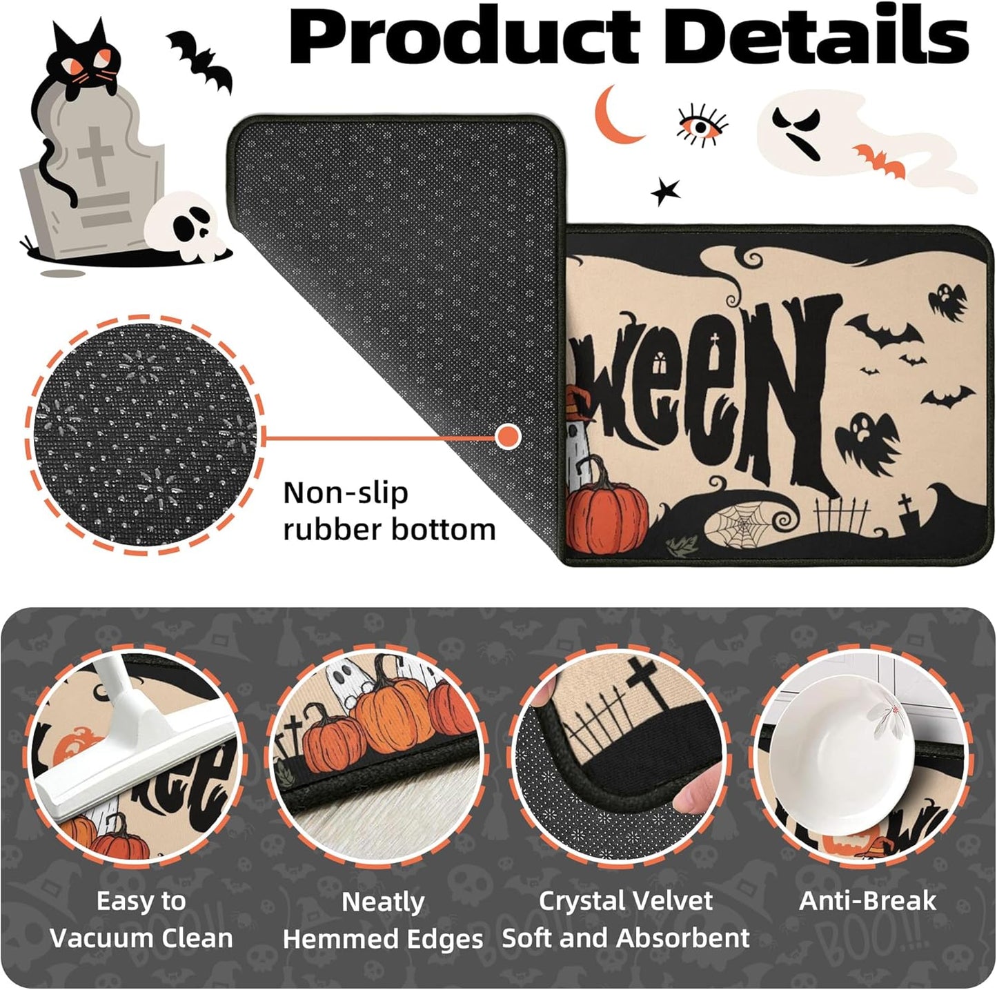 2 Piece Halloween Kitchen Decor Rugs Set,Cute Ghost Kitchen Rugs and Mats Non Skid Washable Absorbent Kitchen Accessories Decoration Floor Mats 17"x47"+17"x30"