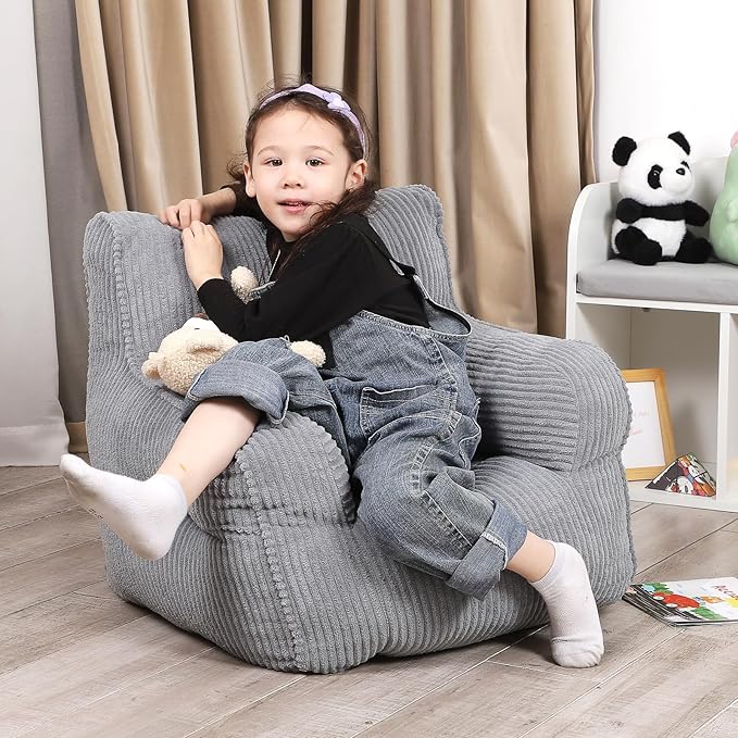 Kids Bean Bag Chair with a Plush Bear, Comfy Toddler Chair for Boys and Girls, Grey