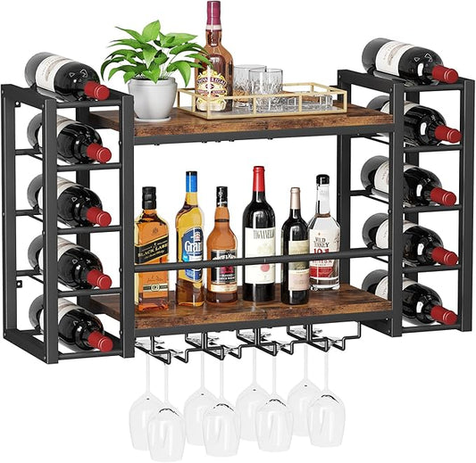 Wall Mounted Wine Rack, Bottle & Glass Holder, Wood & Metal Wine Shelf Storage with Top Enclosure, Heavy Duty Bar Decor for Home, Kitchen, Bar (31.9" x 9.8" x 19.7")