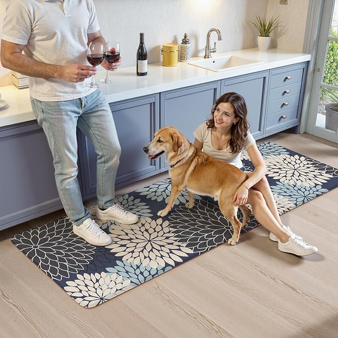 KIMODE Anti Fatigue Kitchen Mats for Floor, Boho Floral Kitchen Rugs 24" x 71", Wide Long Cushioned Mats for Kitchen Floor, Non Slip Kitchen Floor Mats for Sink Laundry Office,Blue Multi