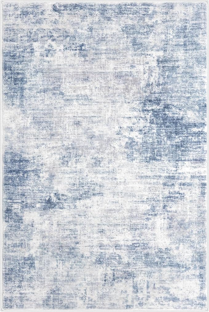 IOHOUZE Abstract Area Rugs 5x7 Ft Washable Rugs for Living Room, Non Slip Dining Room Rug, Printed Faux Wool Rugs for Bedroom, Floor Carpet for Office Nursery Playroom, Light Blue White