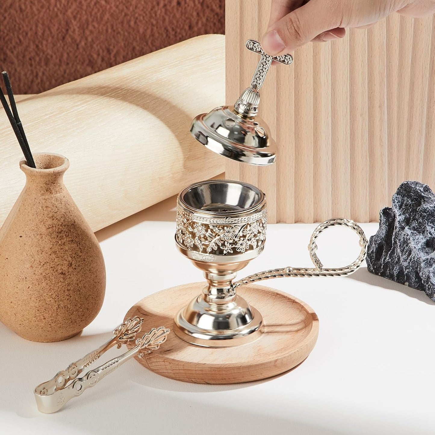 Zonon 2 Sets Incense Burner with Tong, Frankincense Charcoal Incense Stand Holder, Ideal for Yoga, Spa, Aromatherapy, Home and Christian Church Censer (Sliver)