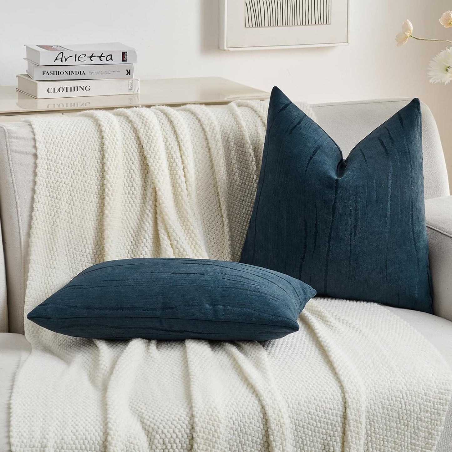 FUTEI Navy Blue Chenille Decorative Throw Pillow Covers 26x26 Inch Set of 2,Soft Embossed Striped Textured Euro Pillow Shams,Modern Home Decor for Couch Bed Living Room