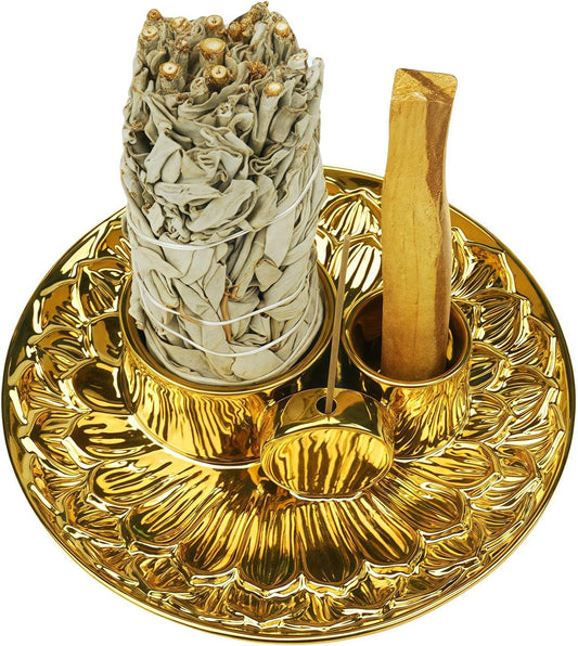 4 in 1 Incense Holder, Ceramic Incense Stick and Palo Santo Holder,Sage Holder for Burning- 5.5" Ceramic Ash Catcher Tray for Meditation and Yoga Room (Golden)