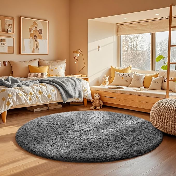 Ophanie Round Rug 4Ft Grey Circle Area Rug, Fluffy Fuzzy Bedroom Carpet, Plush Soft Shaggy Indoor Floor Gray Living Room Rugs for Kids Home Decor Aesthetic, Nursery