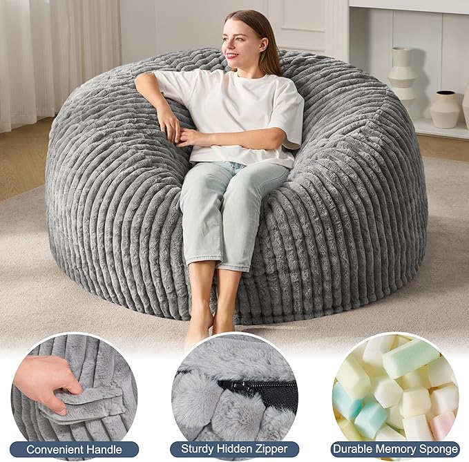 Hobestluk 5ft Bean Bag Chairs for Adults Large Beanbag Chair with Stripe Plush Cover Big Bean Bag Chair for Living Room Bedroom Dorm Office -Grey (50” x 50” x 24”)