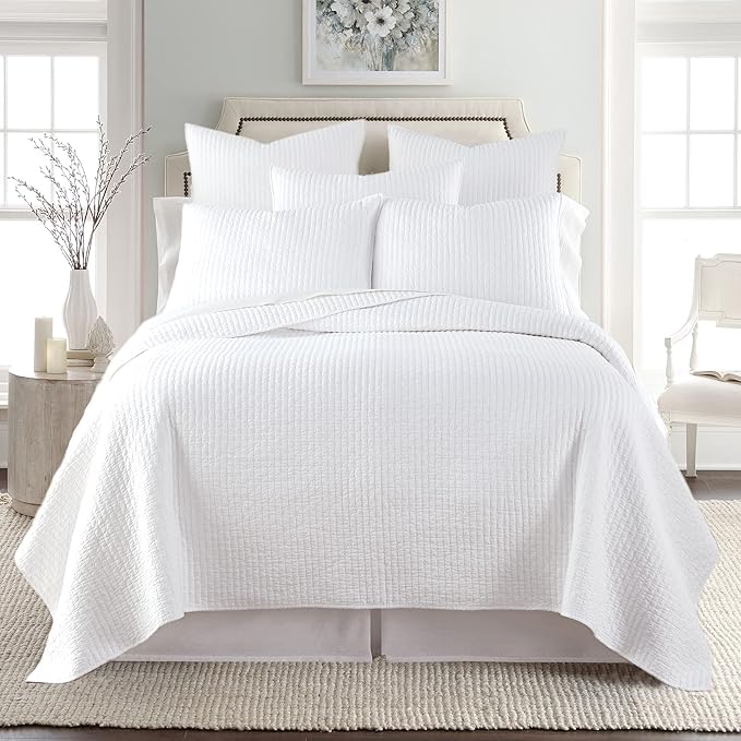 Levtex Home Cross Stitch Reversible King/Cal King Quilt Set (106x92in) and 2 Pillow Shams (36x20in) - Stitch Texture - Bright White - Cotton King Size Quilt Bedding Set - Lightweight Soft Pre-Washed