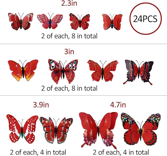 24PCS Butterfly Wall Decals Removable 3D Butterflies Decor for Wall Sticker Mural Stickers Home Decoration Kids Room Bedroom Decor (Double Layer-Red/24PCS)