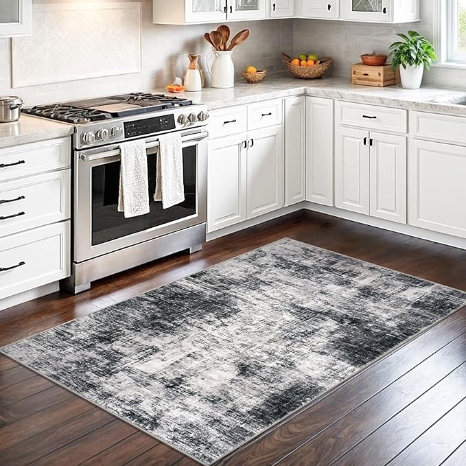 IOHOUZE Abstract Area Rug 3x5 Ft Washable Rugs for Entryway Indoor, Non Slip Kitchen Rug Printed Faux Wool Throw Rugs, Indoor Door Mat for Door Entrance Foyer Living Room, Black Grey