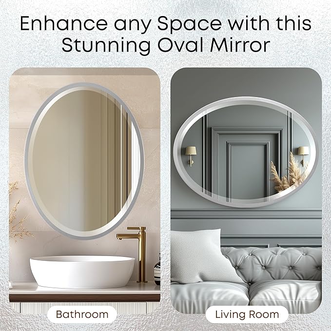 OVALCREST - Oval Wooden Beveled Wall Mirror for Home Decor, Bathroom, Vanity, Bedroom, Living Room, Hallway - London Style (Silver Spray) 23.1 x 29.1