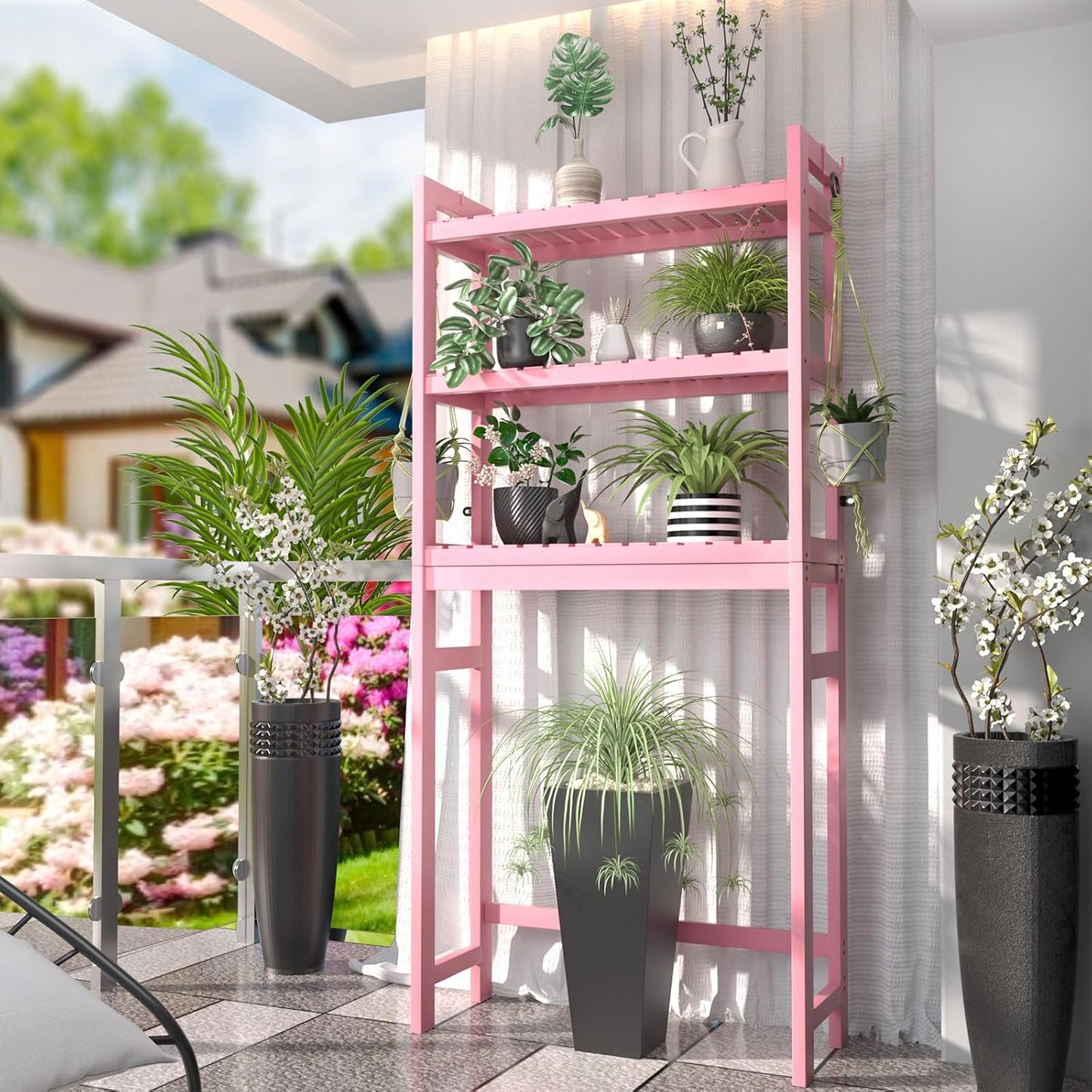 Homykic Bamboo Over The Toilet Storage Shelves, 3-Tier Above Toilet Storage Organizer Rack with 3 Hooks, Freestanding Bathroom Tower Shelf Unit for Small Space, No Rust, Easy to Assemble, Pink