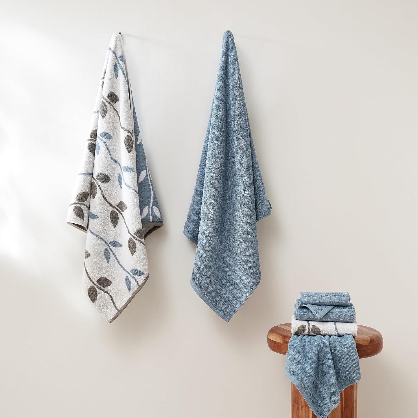 Modern Threads Organic Vines 6-Piece 100% Cotton Towel Set – Yarn Dyed Jacquard & Solid – Includes 2 Bath Towels, 2 Hand Towels, 2 Washcloths – Absorbent, Quick Dry, Soft & Durable – Blue