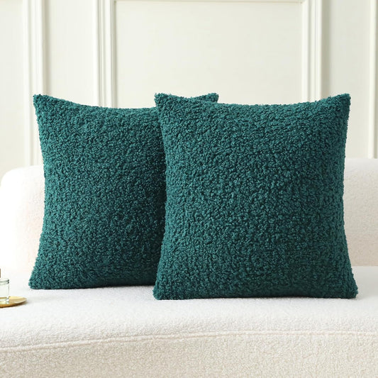 FUTEI Dark Green Throw Pillow Covers 20x20 Inch Set of 2,Furry Faux Fur Teddy Boucle Textured Cushion Covers,Soft Fluffy Decorative Pillow Case,Home Decor for Couch Bed Living Room Office Car