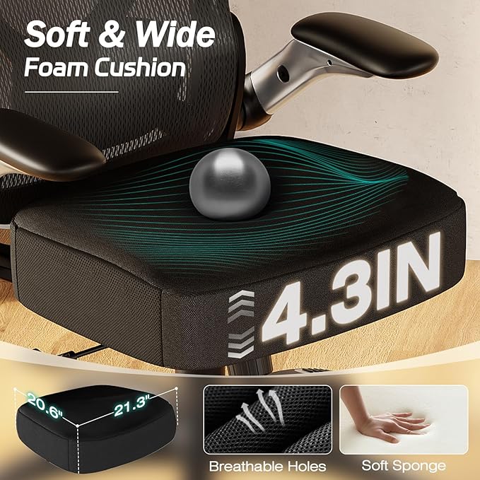 GABRYLLY Ergonomic Office Chair, Big and Tall Computer Desk Chair - 5D Folding Arms, 135° Tilt, Large & Thick Foam Seat, Adjustable Lumbar Support, 3D Functional Headrest, Heavy Duty Home Mesh Chair