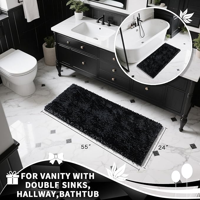 Yimobra Long Bathroom Rugs Runner 55x24 Inch, Extra Thick Soft Absorbent Chenille Bath Mat, Non Slip Machine Washable, Quick Dry Bath Rugs for Bathroom Floor, Tub and Shower, Black