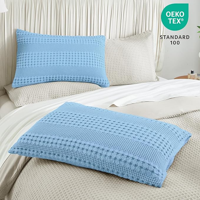 PHF Waffle Weave Pillow Shams Queen Size, 2 Pack 100% Cotton Pillowcases 20" x 30", No Insert, Soft & Breathable Aesthetic Woven Pillow Case Covers for Bedroom Decor, Sky Blue
