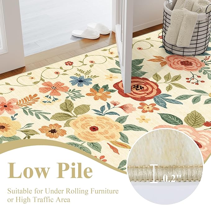 DUKINO 5x7 Area Rug, Floral Rugs for Living Room, Lightweight Non Slip Washable Rug, Indoor Low Pile & Non-Shedding Boho Design Rugs for Bedroom, Living Room, Dining Room, Beige Yellow