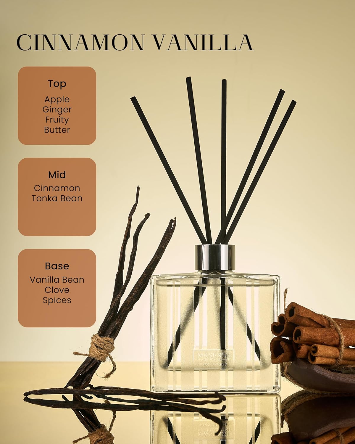 M&SENSE Cinnamon Vanilla Reed Diffuser Set - 7.04oz Scent Diffusers for Home, Natural Essential Oil Diffuser with Sticks, Housewarming Diffuser Gift for Bathroom Bedroom & Office