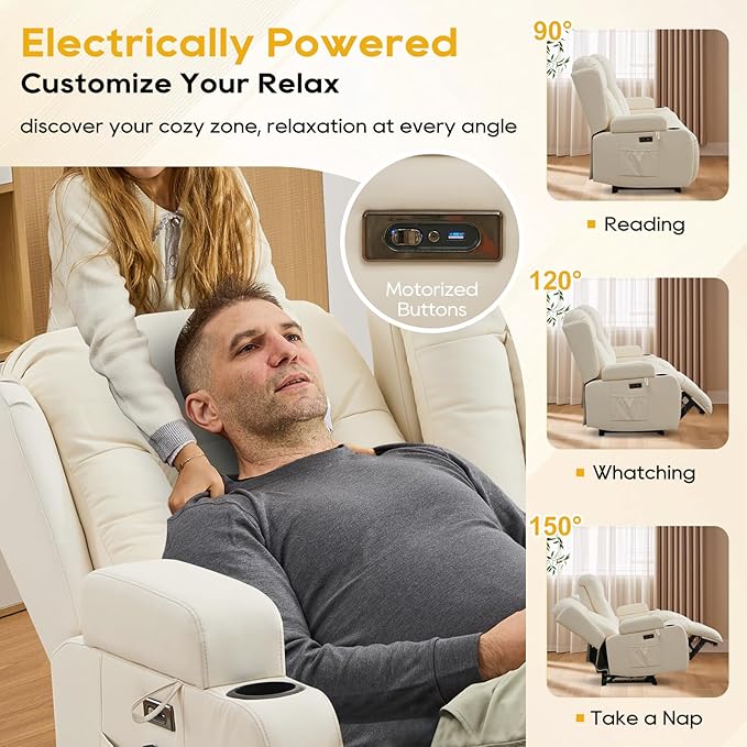 IPKIG 67" Power Reclining Loveseat Sofa, Electric Home Theater Seating with Console/4 Colors Ambient Lighting/Bluetooth Speakers/USB Ports/Built-in Outlets (Off-White, Loveseat Recliner)