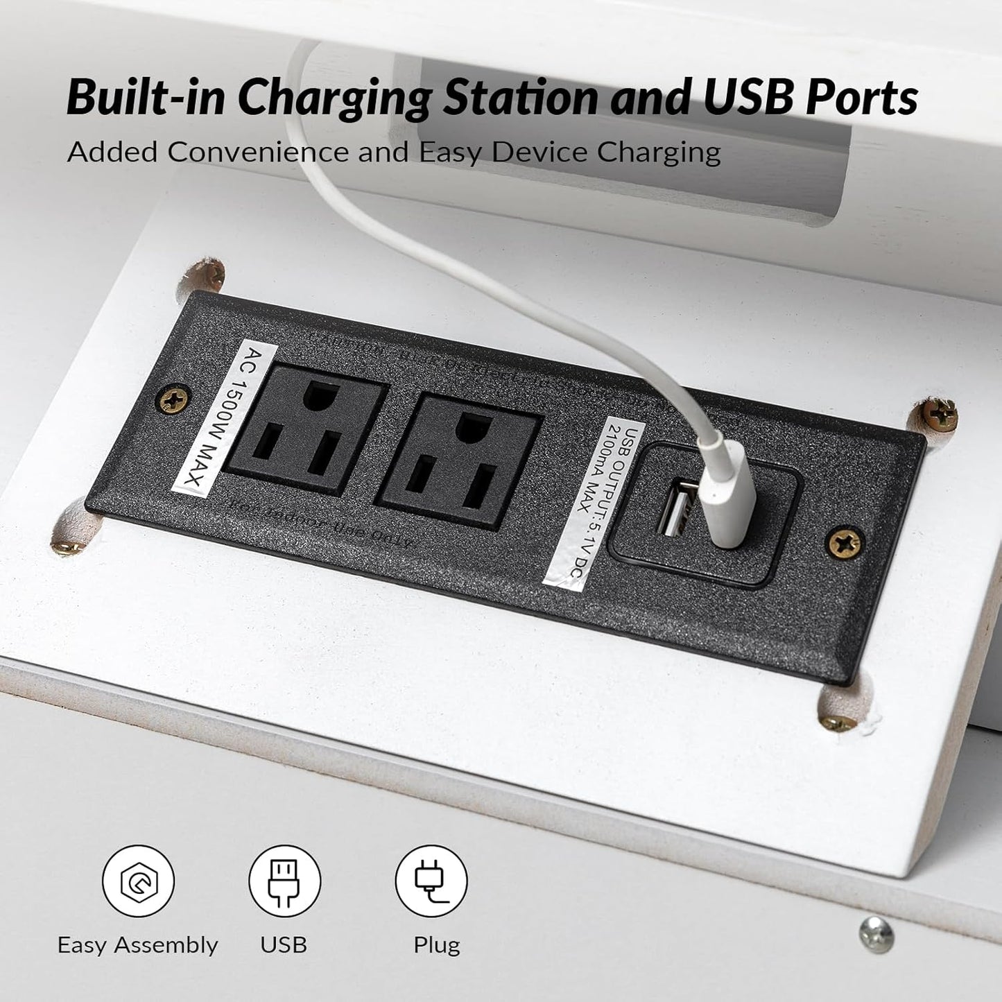 HULALA HOME Wood Nightstand with Charging Station, 2-Drawer Dresser with Wooden Legs, Mid-Century Modern Bedside Furniture, French-Style End Table for Bedroom, White