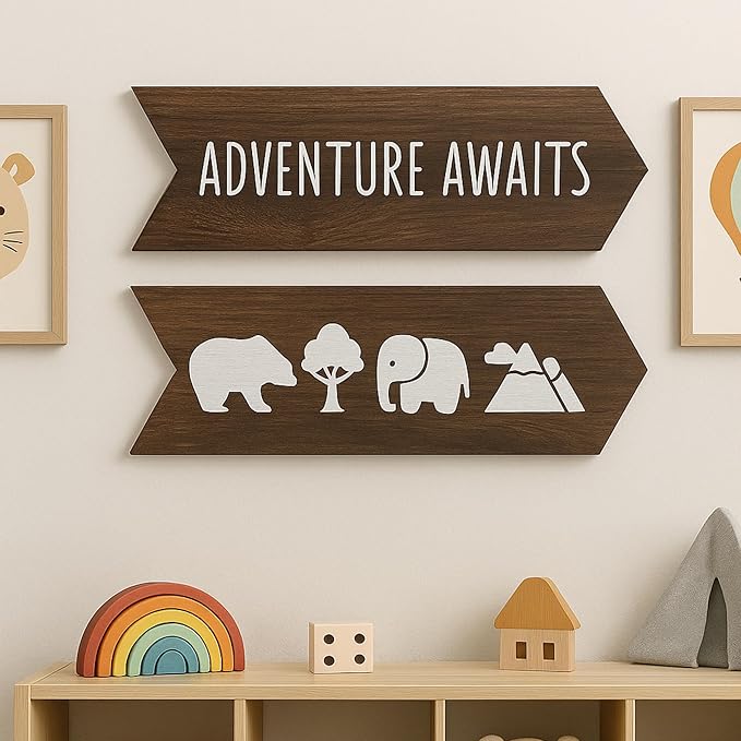 Nursery Wall Decor - 2 Pcs Wood Adventure Awaits Sign, Nursery Decor For Kids Room, Safari Theme Woodland Decorations, Toddler Easter Gifts for Babies - 14 x 10 inch