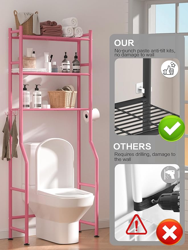 3-Tier Over The Toilet Storage, Space Saver Metal Bathroom Shelves, Freestanding Above Over Toilet Storage Shelf with 4 Hooks for Bathroom, Pink