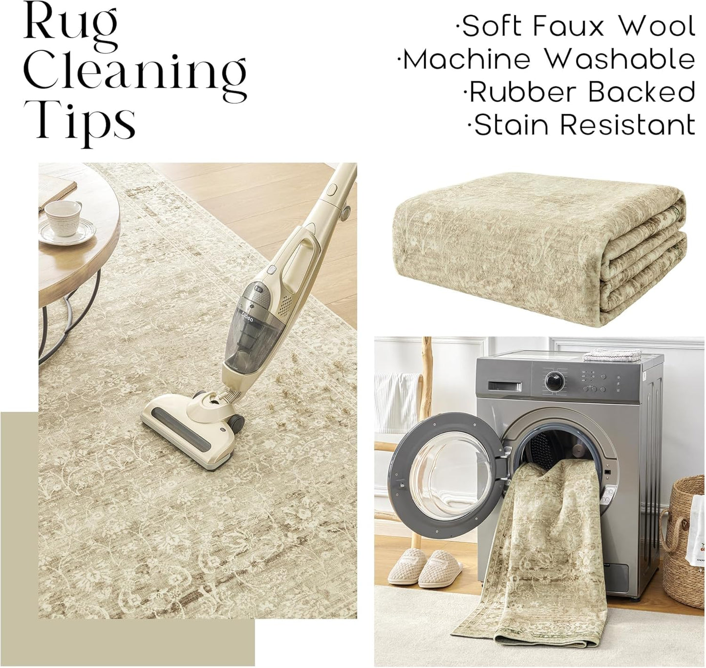 Cream and Light Tan Area Rugs Washable Rug for Living Room Bedroom, Faux Wool Soft No Slip Floral Boho Vintage Extra Large Carpet for Dining Room 9x12