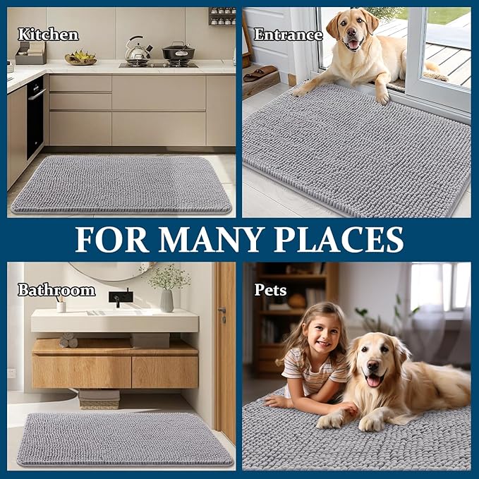 OLANLY Dog Door Mat for Muddy Paws 40x24, Absorbs Moisture and Dirt, Absorbent Non-Slip Washable Doormat, Quick Dry Chenille Mud Mat for Dogs, Entry Indoor Entryway Carpet for Inside Floor, Light Grey