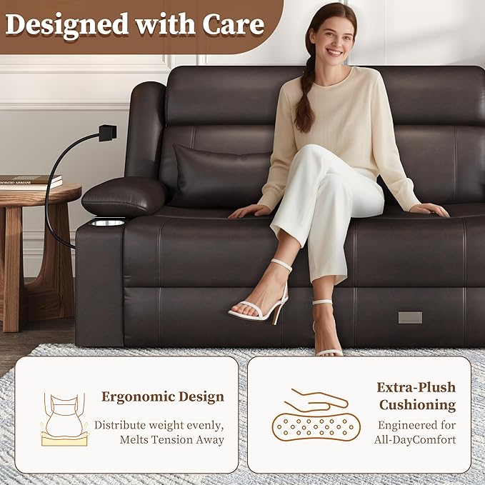 Home Theater Seating，RV Reclining Sofa Set with Adjustable Headrest， Recliner Sofa with Heat and USB&Type-C, Dawer & Cup Holders, 150° Recline for RV & Living Room(3-Seater Brown)