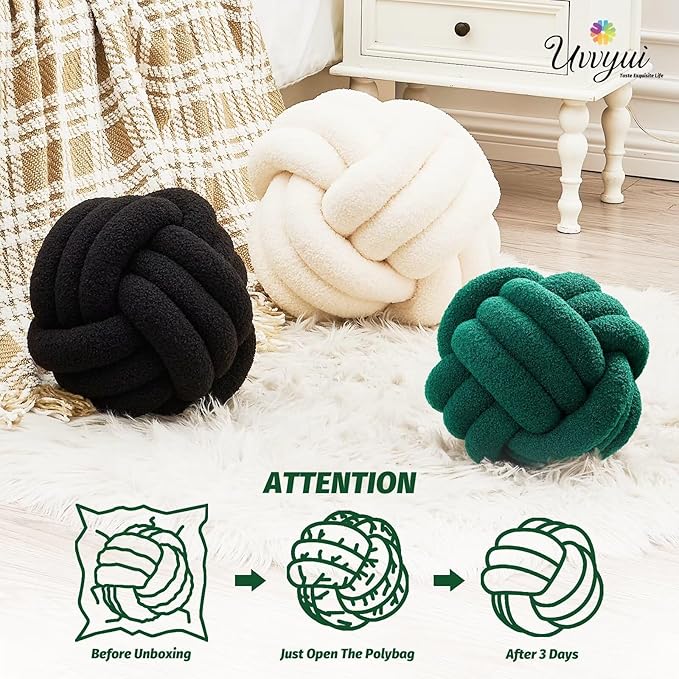 Uvvyui Knot Pillow Ball, Soft Home Decorative Pillows, Round Throw Pillow, Handmade Knotted Plush Pillow, Round Boucle Pillow Cushion (8.6 Inches Dark Green)