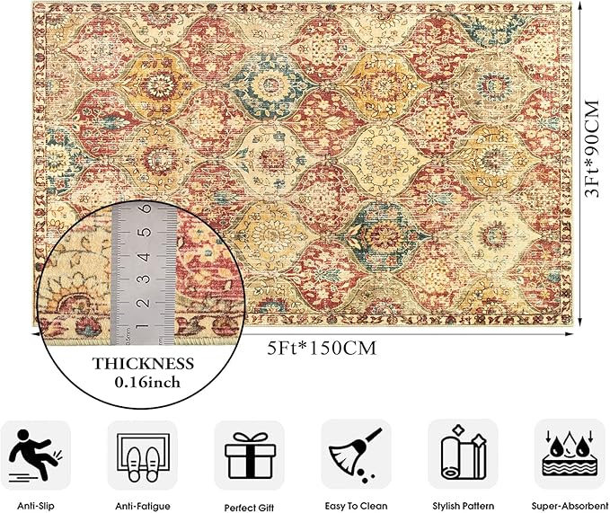 Lahome Moroccan Trellis Washable Small Area Rug, 3x5 Area Rug for Bedroom Living Room, Non-Slip Oriental Accent Throw Carpet for Kitchen Office Entryway Bathroom Office, Red/Orange