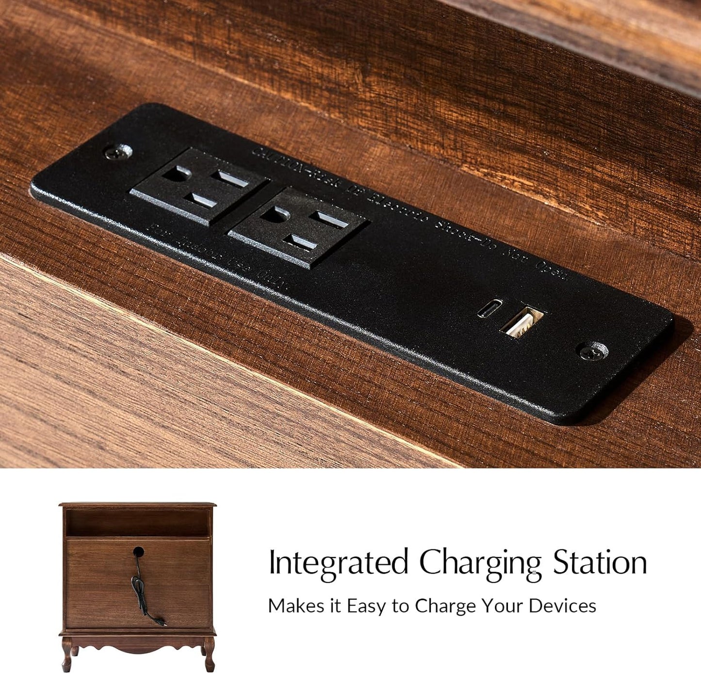 HULALA HOME Transitional Nightstand with 3 Drawers and Charging Station, 28" Solid Paulownia Wood Nightstand with Fluted Front Design, Walnut