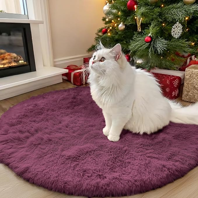 OLANLY Burgundy Round Rugs for Bedroom - Machine Washable, 3 ft Circle Area Rugs for Living Room, Soft and Fluffy Shaggy Carpet for Teen Girls and Boys, Nursery Rooms, Dorms, Home Decor Aesthetic