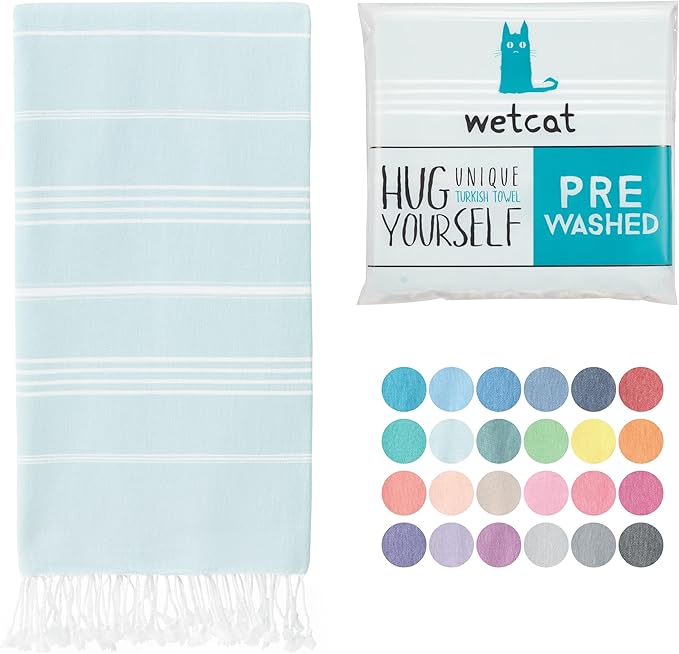WETCAT Turkish Beach Towel Oversized (38"x71") 100% Turkish Cotton, Made in Turkey - Sand Free, Extra Large, Ultra Soft, Quick Drying, Compact & Lightweight for Travel - Aqua