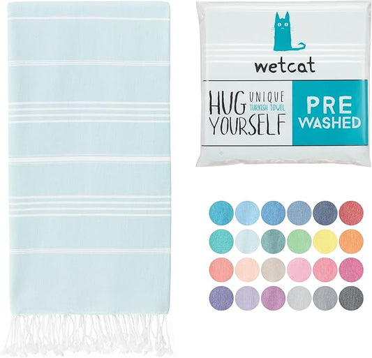 WETCAT Turkish Beach Towel Oversized (38"x71") 100% Turkish Cotton, Made in Turkey - Sand Free, Extra Large, Ultra Soft, Quick Drying, Compact & Lightweight for Travel - Aqua