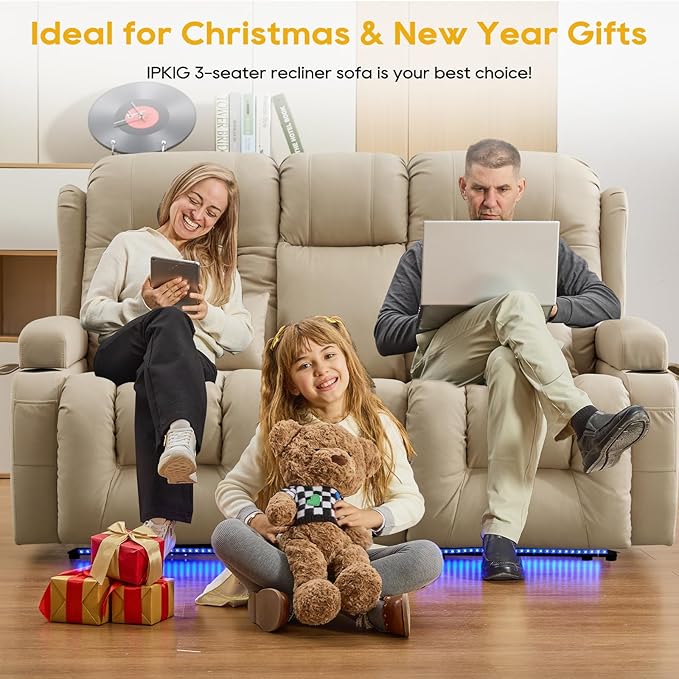 IPKIG 67" Power Reclining Loveseat Sofa, Electric Home Theater Seating with Console/4 Colors Ambient Lighting/Bluetooth Speakers/USB Ports/Built-in Outlets (Beige, Loveseat Recliner)