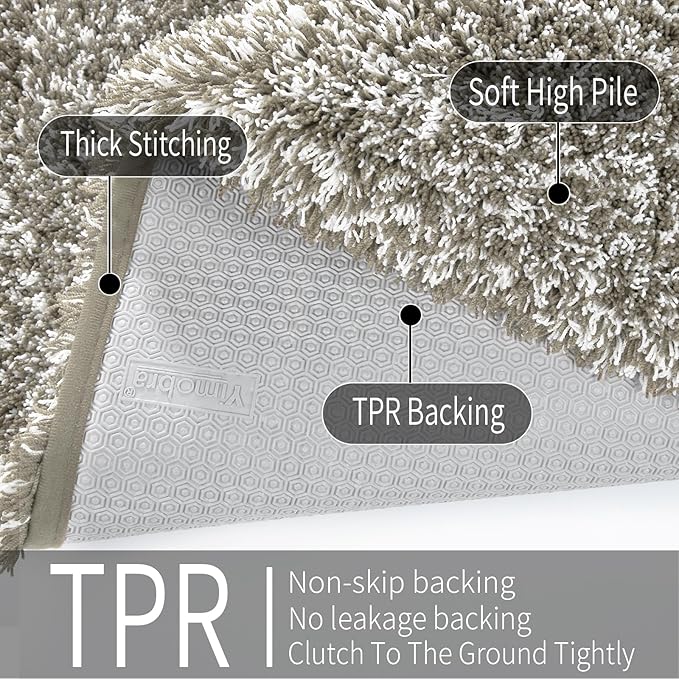 Yimobra Luxury Bathroom Rugs, Fluffy Bath Mats, Non Slip, Water Absorbent Microfiber, Machine Washable, Plush Runner Shower Rugs, Thick Matts for Bathroom Floor/Tub, 44"x 24", Light Tan and White