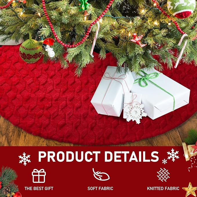 Christmas Tree Skirt 48 inches Faux Fur White Christmas Tree Skirt for Christmas Tree Decorations Winter Holiday Home Christmas Party Ornaments (Red/Diamond)