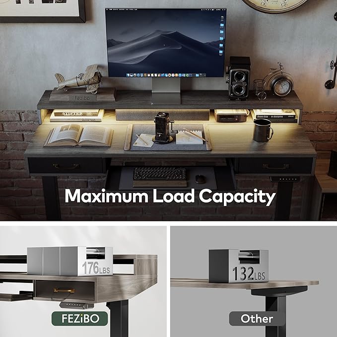 FEZIBO 48 x 24 Inch Height Adjustable Electric Standing Desk with Double Drawers&Keyboard Tray, Stand Up Desk with LED Strips&Monitor Stand,Rustic Grey Top
