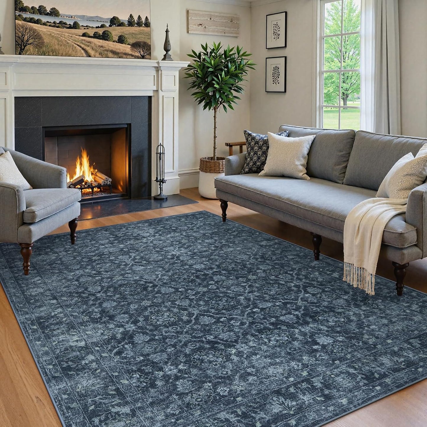 Vintage Navy Blue Rugs for Bedroom, Washable Moroccan 5x7 Rug for Living Room Non Slip, Stain Resistant Boho Dining Room Rug for High Traffic Area (5'x7', Blue)