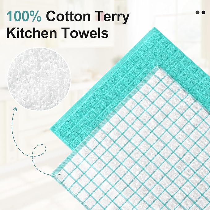 Homaxy Premium Cotton Kitchen Towels 16"x 28", Large Natural Ring Spun 390 GSM Dish Towels, Super Absorbent Terry Kitchen Hand Towels, Soft Tea Towel with Hanging Loop, Aqua Check Design, 8 Pack