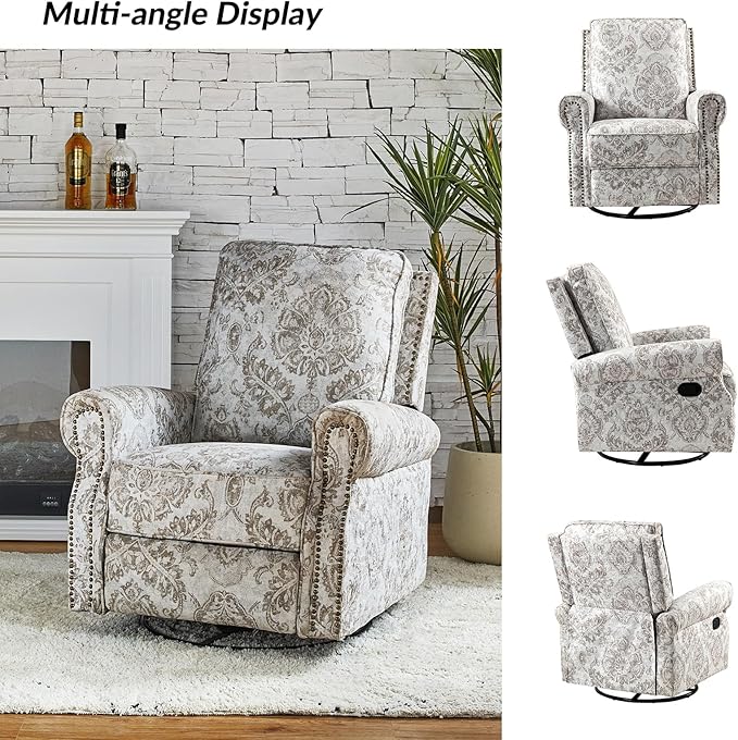 HULALA Home Swivel Rocker Recliner Set of 2, Modern Printed Fabric Swivel Recliner Chair for Adults Glider with Adjustable Backrest & Footrest, Beige