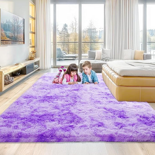5x8 Tie Dyed Purple Fluffy Area Rugs for Bedroom, Soft Indoor Plush Rug for Living Room, Large Furry Fuzzy Shag Floor Carpet for Kids Nursery Boys Room Dorm Classroom Home Office Decor Mat